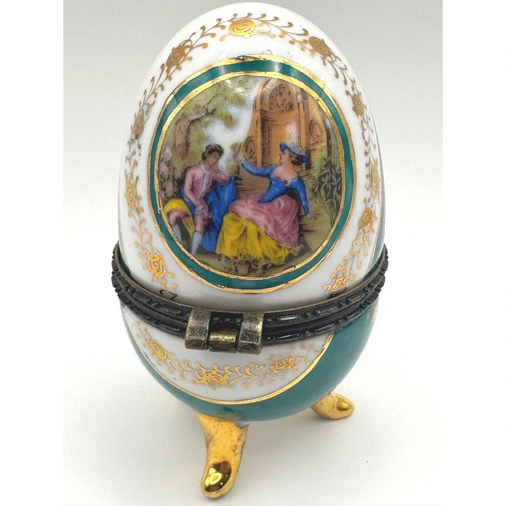 Vintage Vecceli‎ Style Porcelain Egg Trinket Box Green Gold 5inch Limoges